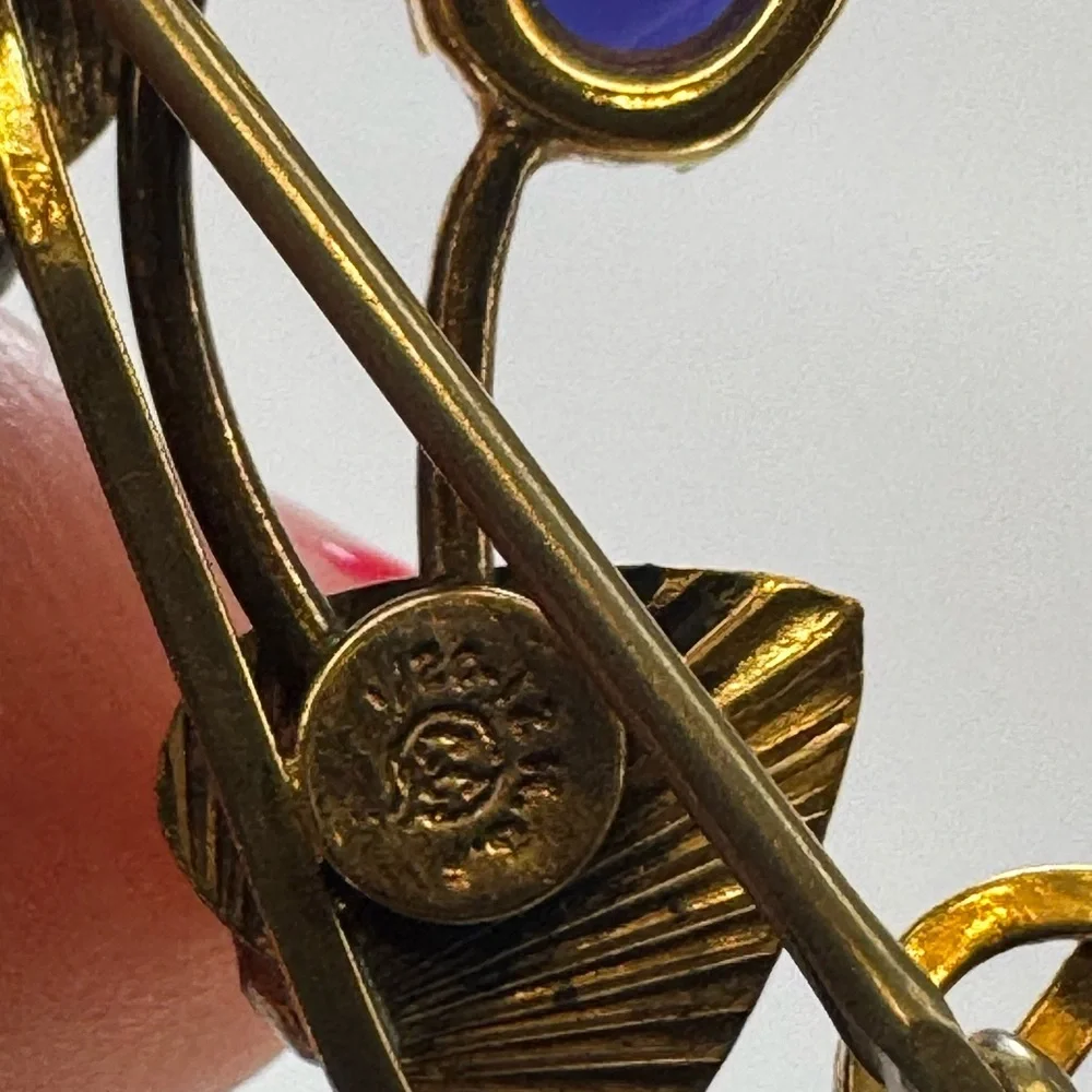 Antique 12 Karat Gold Filled Brooch Blue & Pink Stones w/Gold Leaves